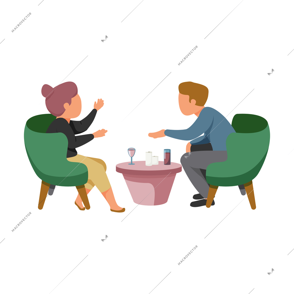 Woman daily routine flat composition with characters of couple sitting in chairs having date with candles and drinks vector illustration