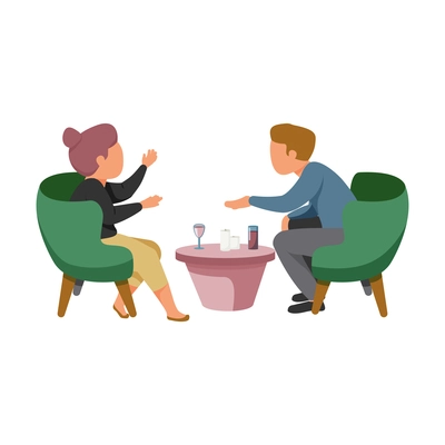 Woman daily routine flat composition with characters of couple sitting in chairs having date with candles and drinks vector illustration