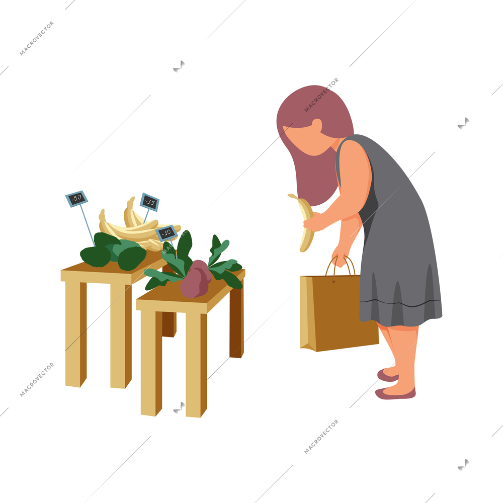 Woman daily routine flat composition with female character buying fruits and vegetables in grocery store vector illustration