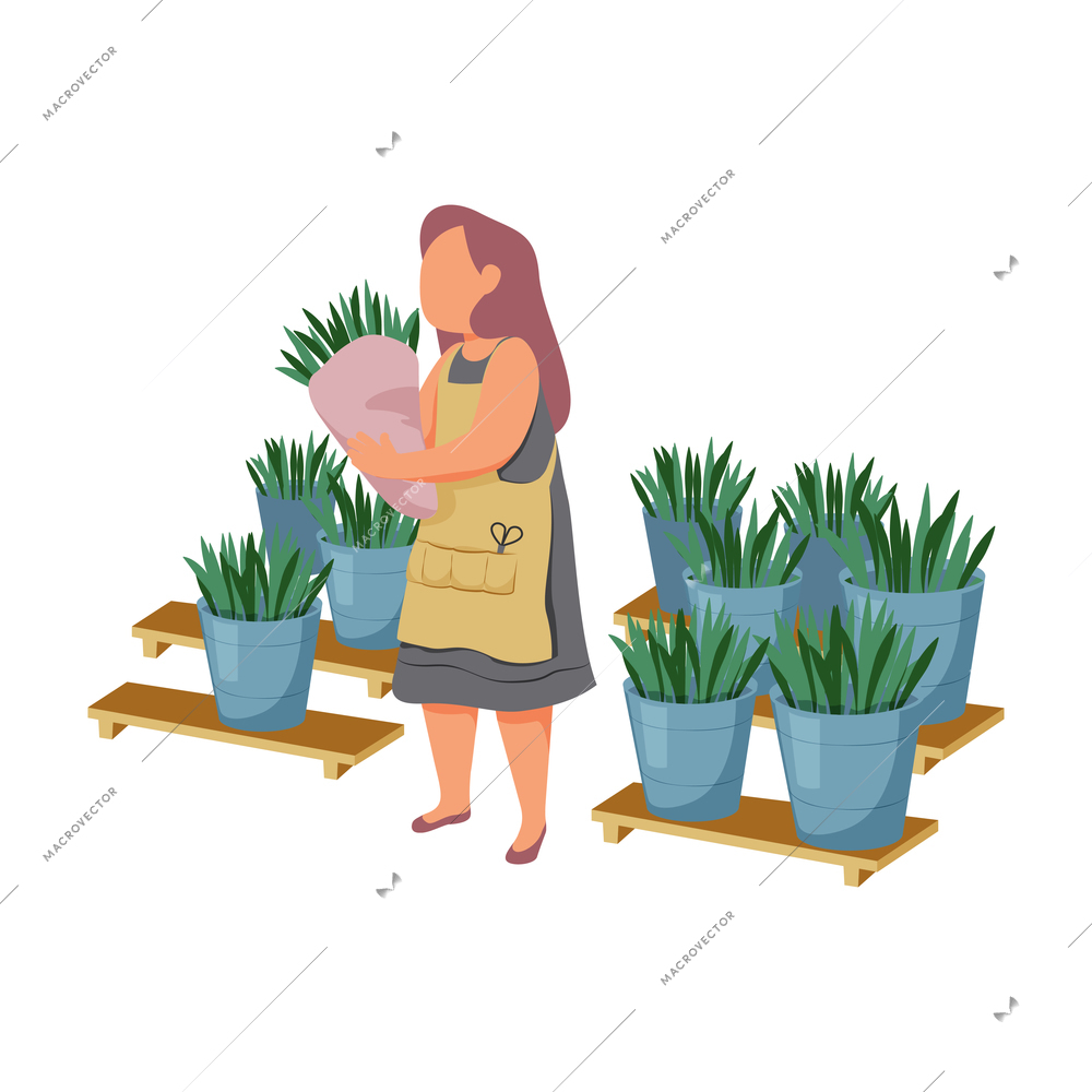 Woman daily routine flat composition with character of girl wearing dickey selling flowers and pot plants vector illustration