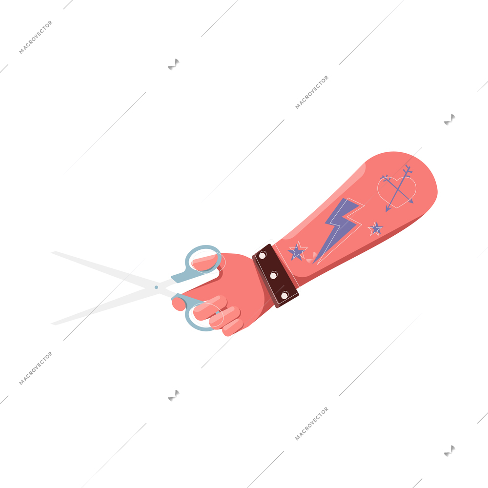 Barbershop flat composition with isolated image of tattooed human hand holding scissors vector illustration