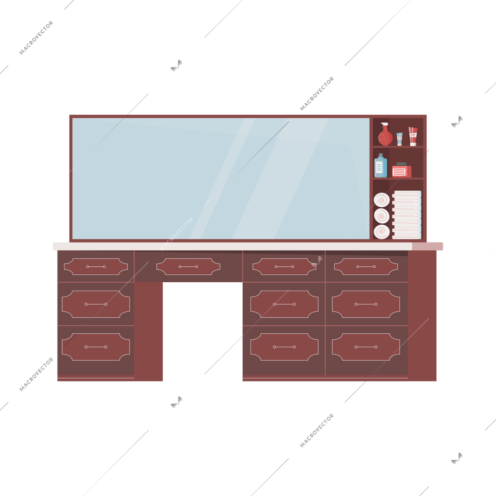 Barbershop flat composition with isolated image of furniture with cabinets tools and wide mirror vector illustration