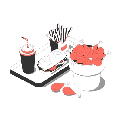 Fast food isometric composition with image of tray with french fries sandwich and chicken sticks with drink vector illustration