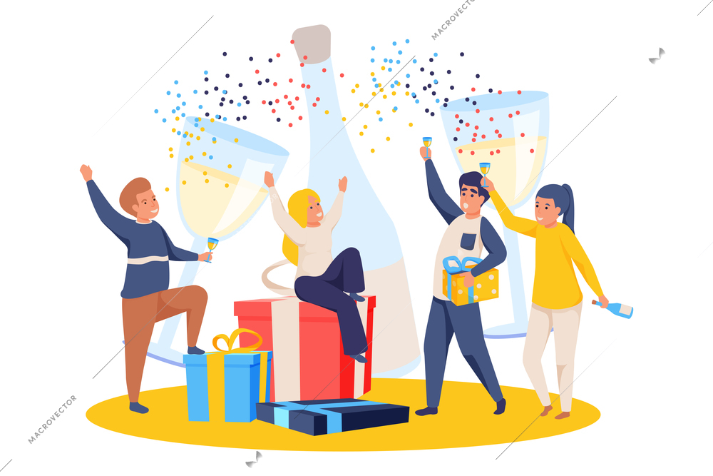 Happy celebration people composition with characters of festive friends with confetti and champagne glasses vector illustration