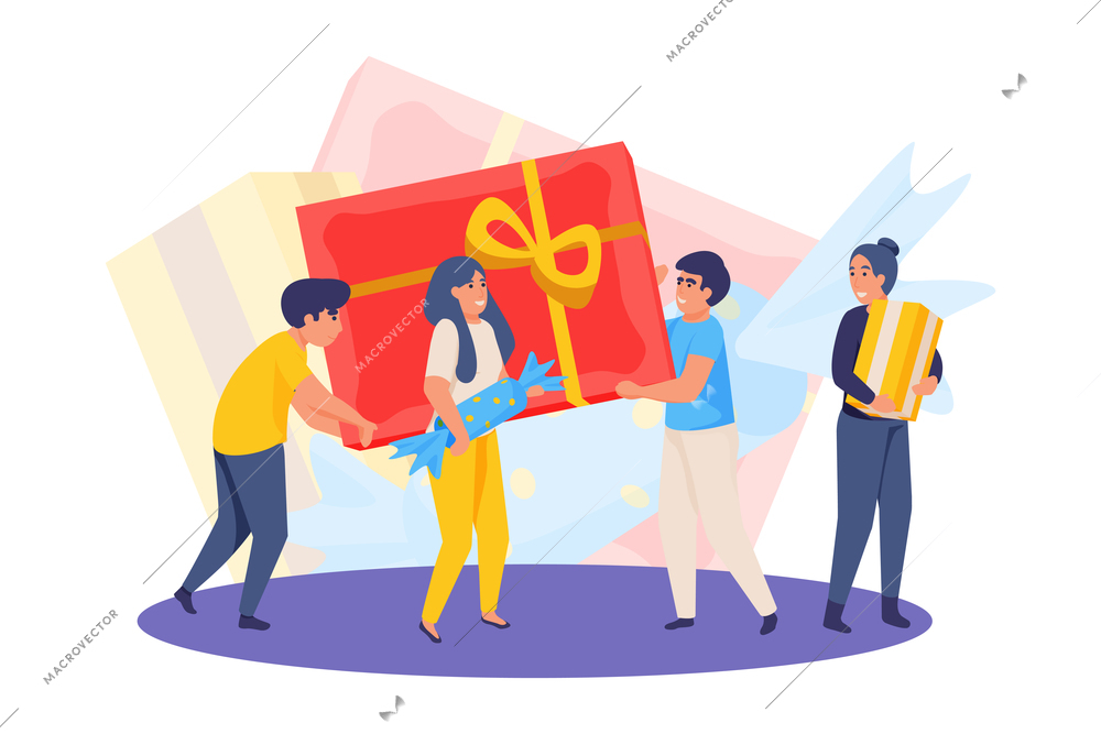Happy celebration people composition with group of friends carrying huge gift box with candy vector illustration