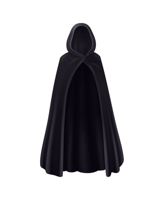 Black mantle hood realistic composition with isolated image of dark robe monk dress on blank background vector illustration