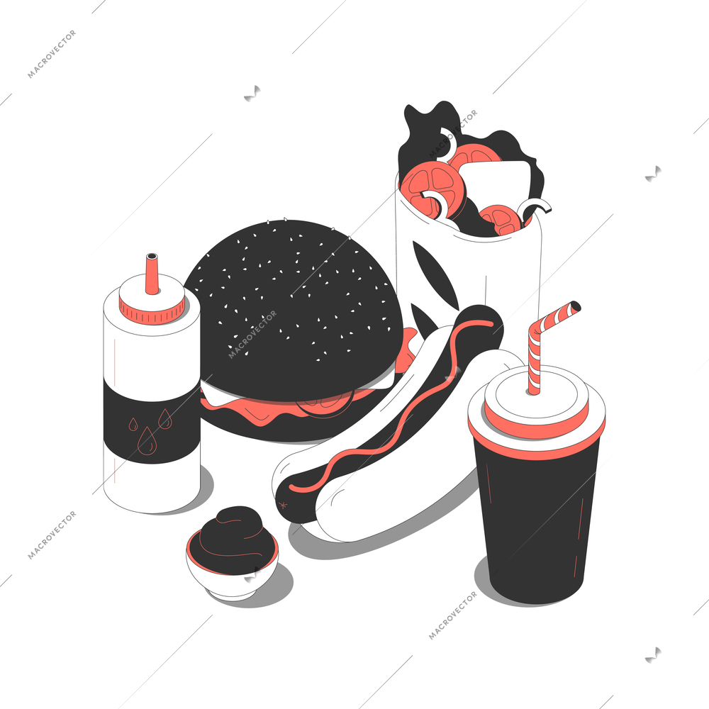 Fast food isometric composition with images of burger hotdog kebab and drinks with sauce vector illustration