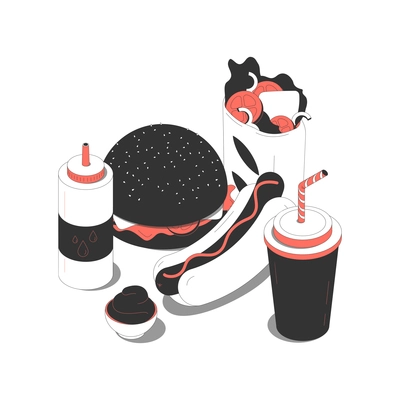 Fast food isometric composition with images of burger hotdog kebab and drinks with sauce vector illustration