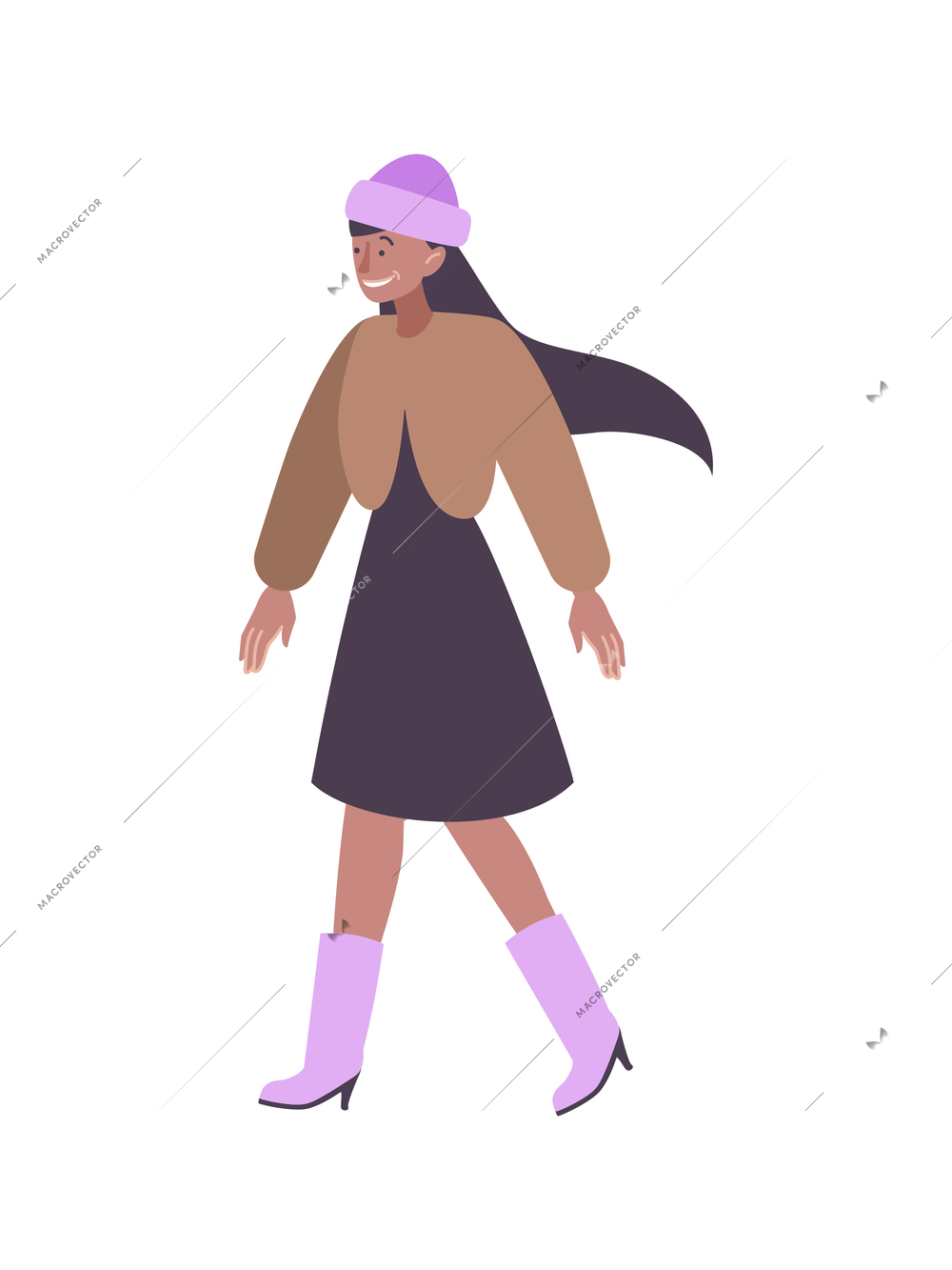 Fur coat flat composition with walking female character wearing purple hat and brown fur coat vector illustration