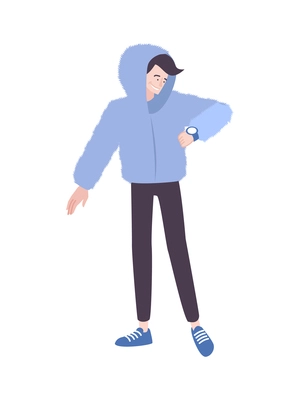 Fur coat flat composition with male character of teenager wearing blue fur coat vector illustration