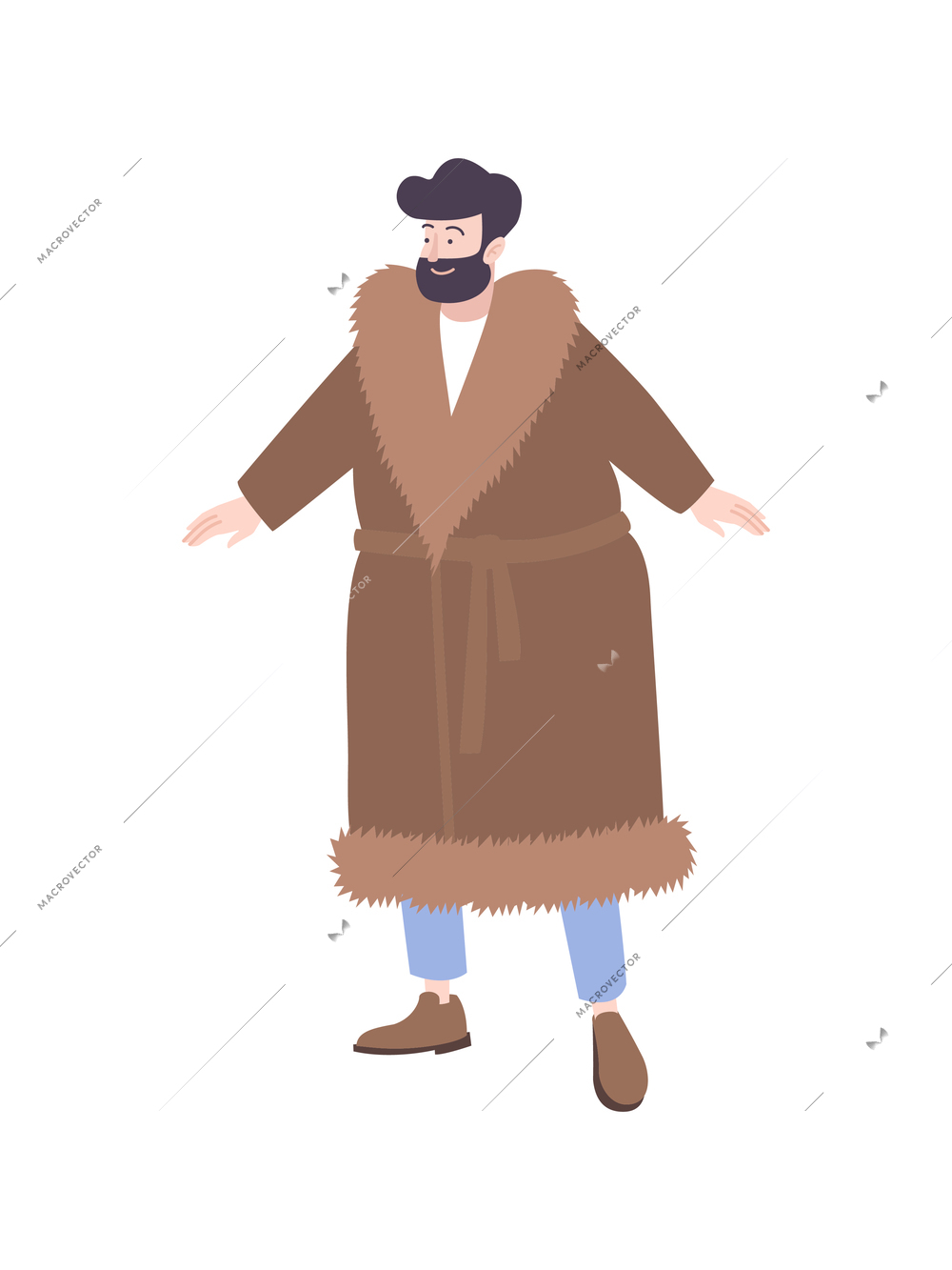 Fur coat flat composition with human character of fat man wearing brown fur coat vector illustration