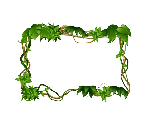Liana tropical leaves cartoon composition with rectangular shaped frame made of vine vector illustration