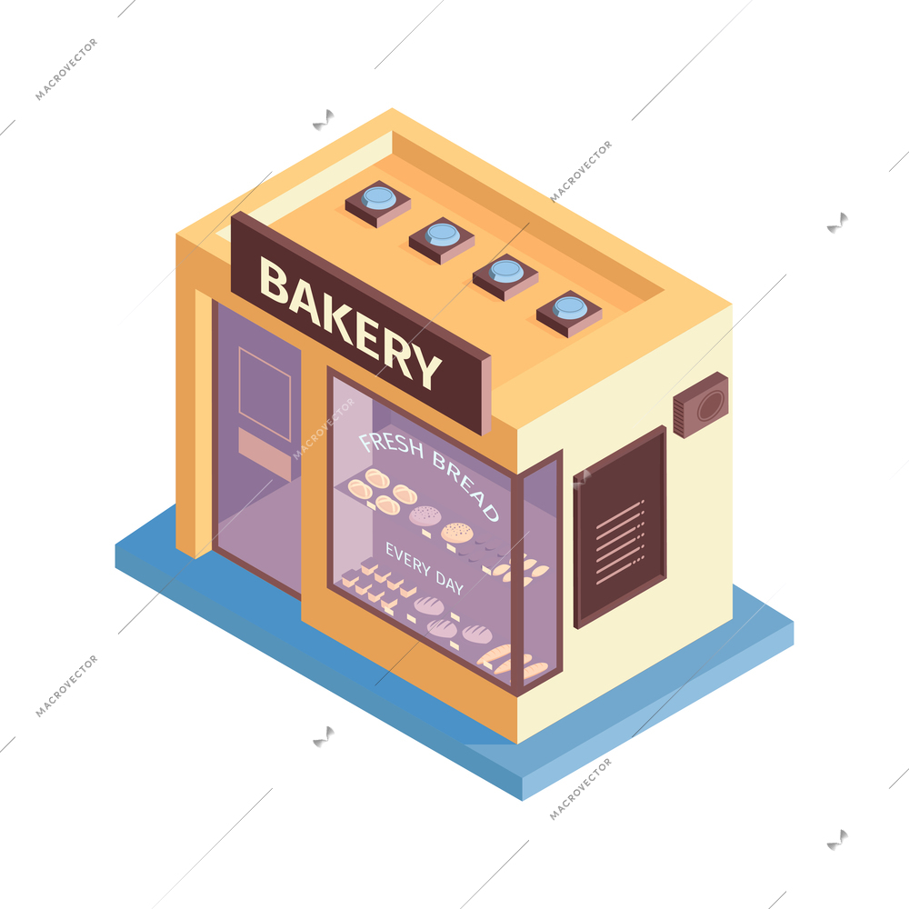 Isometric shops composition with isolated image of bakery building on blank background vector illustration