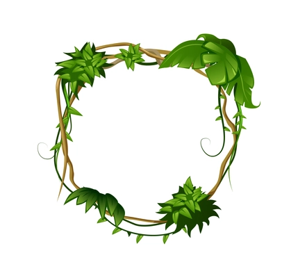 Liana tropical leaves cartoon composition with circle shaped frame made of vine vector illustration