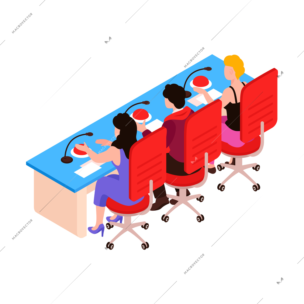 Isometric talent show tv program composition with behind view of table with sitting judges vector illustration