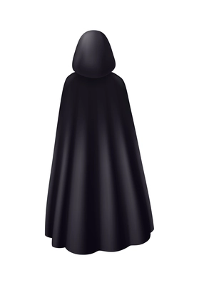 Black mantle hood realistic composition with isolated image of dark robe monk dress on blank background vector illustration