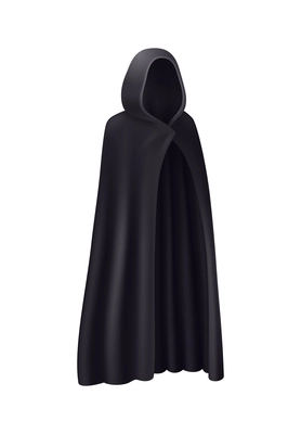 Black mantle hood realistic composition with isolated image of dark robe monk dress on blank background vector illustration