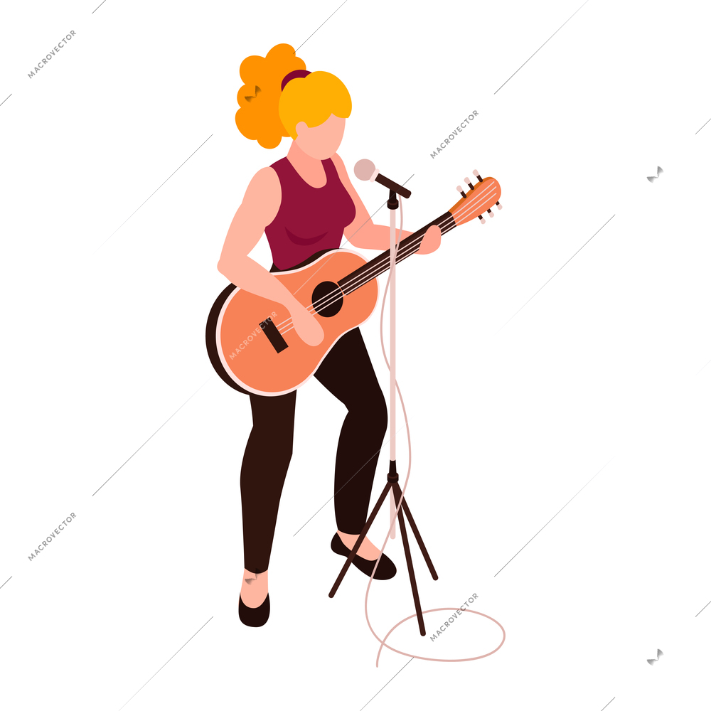 Isometric talent show tv program composition with female singer songwriter with guitar and mic vector illustration