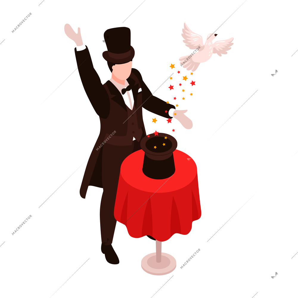 Isometric talent show tv program composition with chracter of magician with hat and flying dove vector illustration