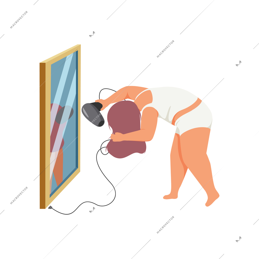 Woman daily routine flat composition with female character drying wet hair in front of mirror vector illustration