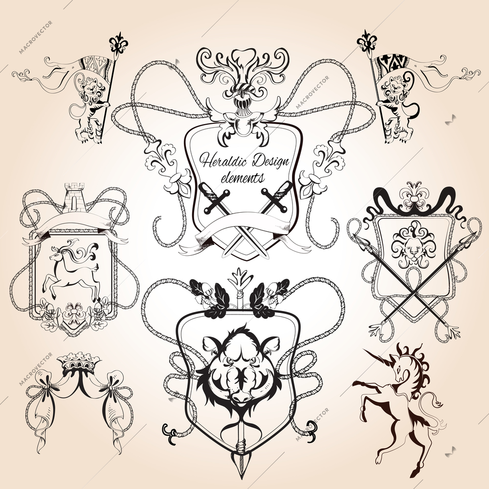 Heraldic design elements decorative crest shield and insignia sketch set isolated vector illustration