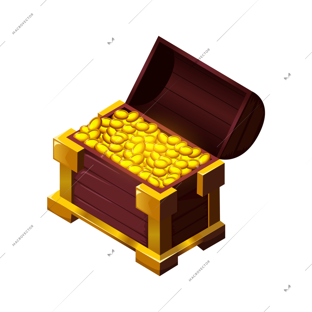 Treasures isometric cartoon game composition with isolated image of vintage trasure chest with golden coins vector illustration