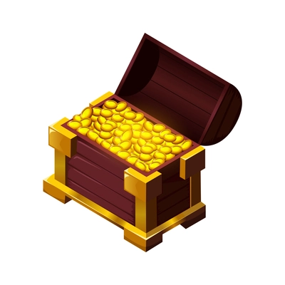 Treasures isometric cartoon game composition with isolated image of vintage trasure chest with golden coins vector illustration