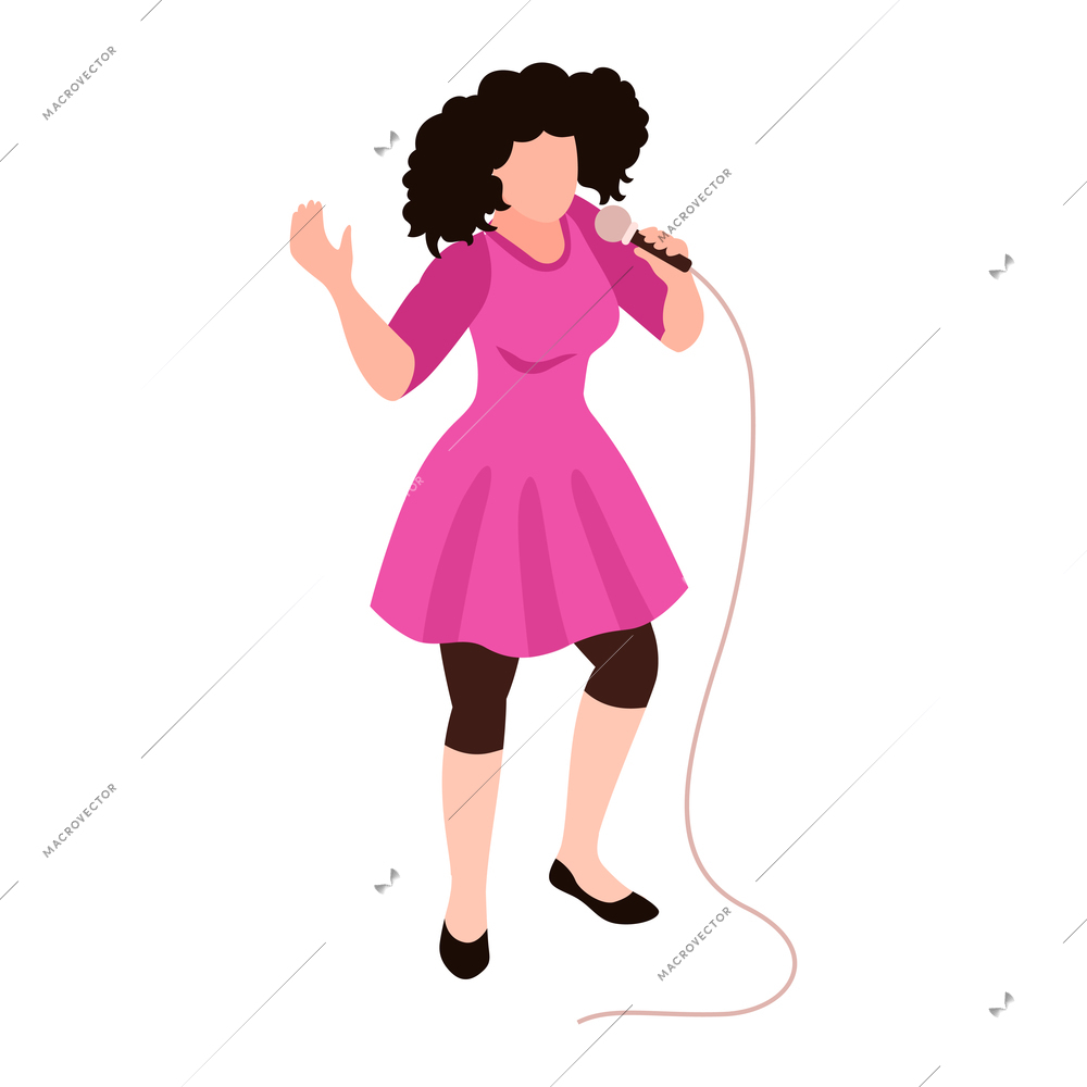 Isometric talent show tv program composition with woman in purple dress singing in microphone vector illustration