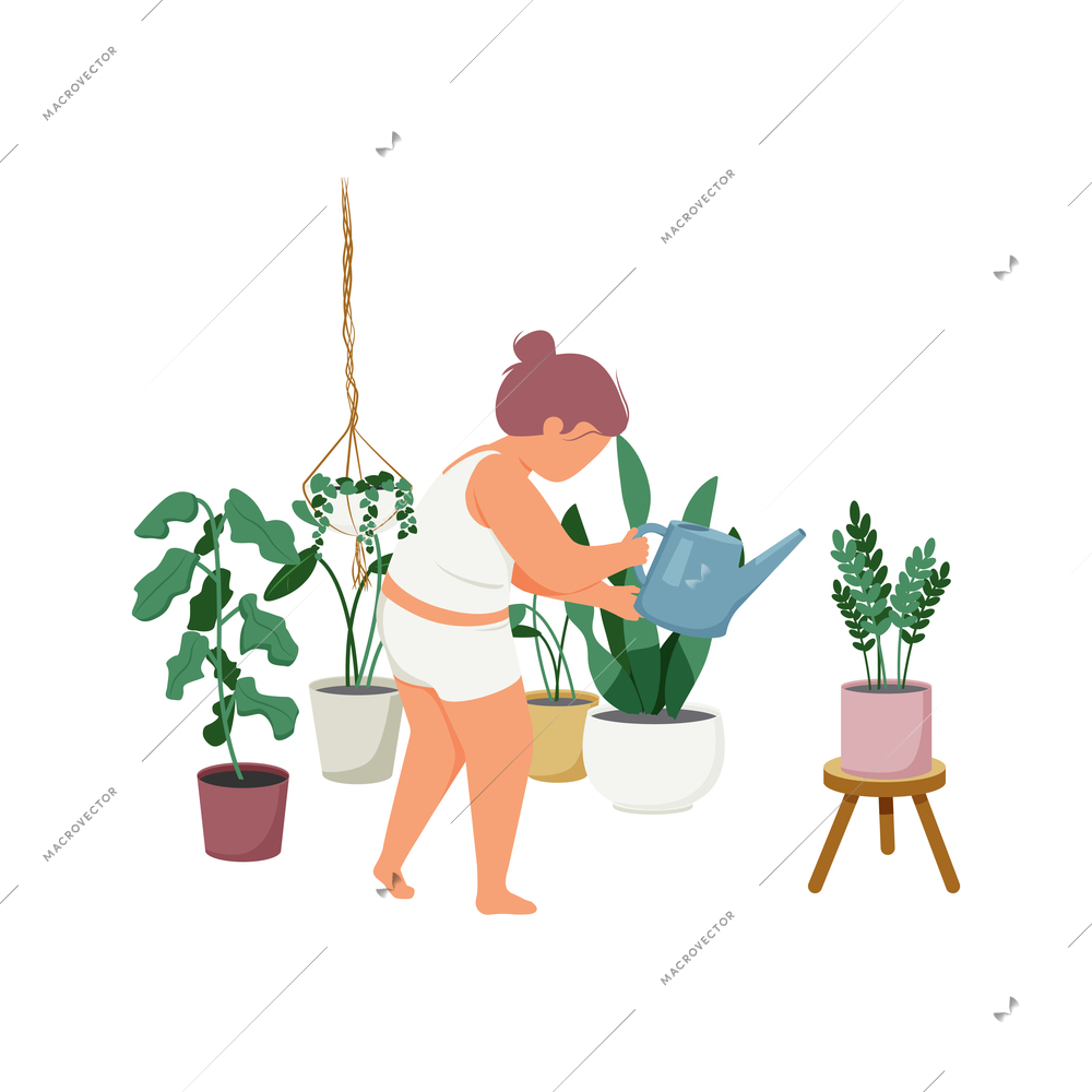 Woman daily routine flat composition with character of girl watering home plants growing in pots vector illustration