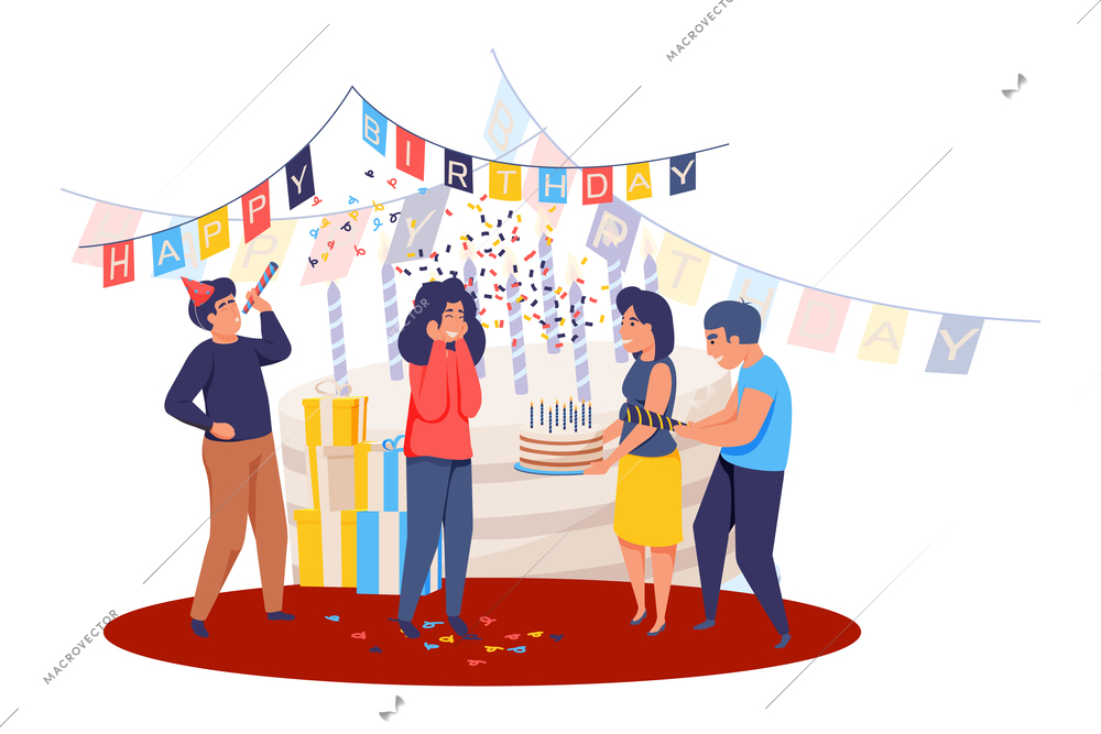 Happy celebration people composition with human characters confetti and festive decorations vector illustration