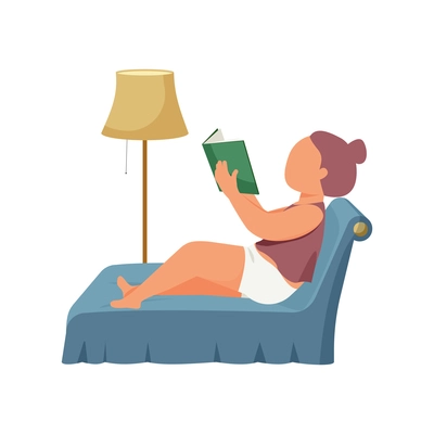 Woman daily routine flat composition with female character reading book while lying on sofa vector illustration