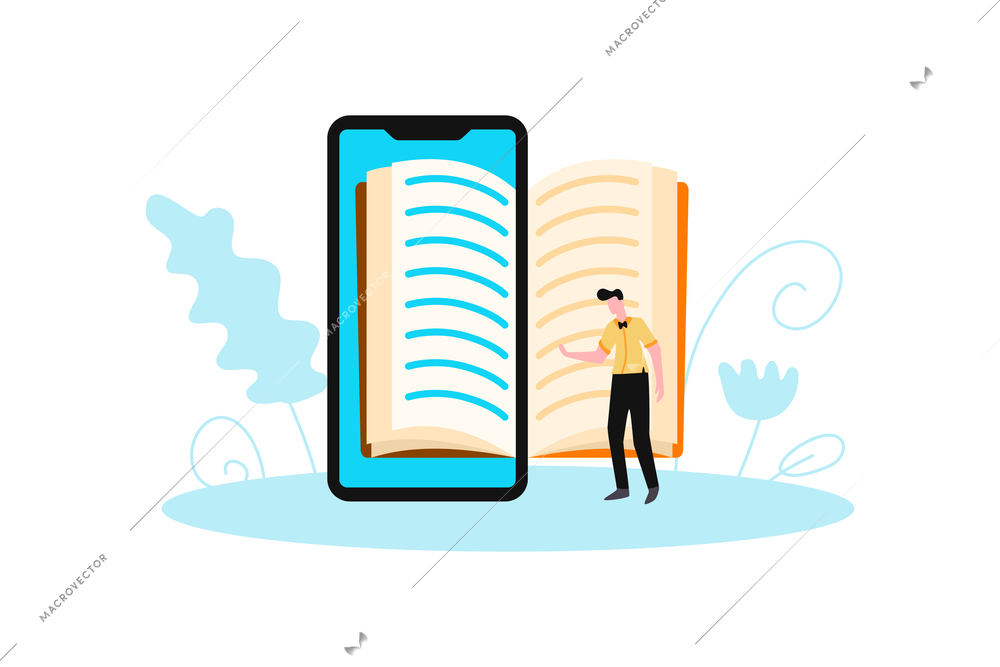 Online library composition with male character and big smartphone with notebook page vector illustration