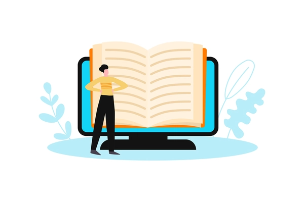 Online library composition with man and computer with book on screen vector illustration