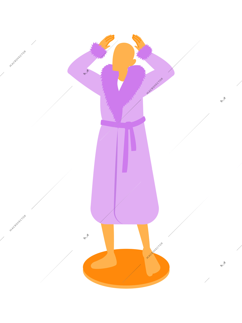 Fur coat flat composition with isolated image of mannequin wearing long purple fur coat vector illustration