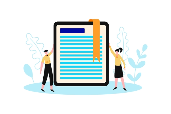 Online library composition with human characters standing next to tablet with bookmark ribbon vector illustration