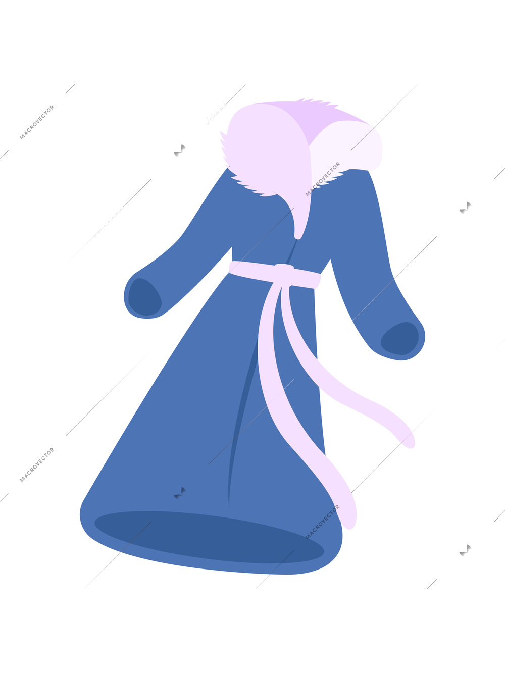 Fur coat flat composition with isolated image of long blue fur coat with belt vector illustration