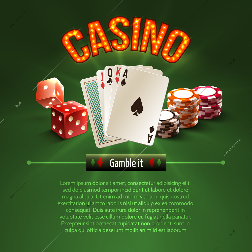 Pocker casino gambling set with dice cards chips on green background vector illustration