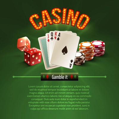 Pocker casino gambling set with dice cards chips on green background vector illustration