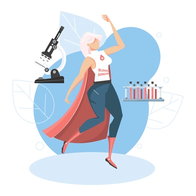 Blood donor flat composition with test tubes microscope and woman in superhero suit vector illustration