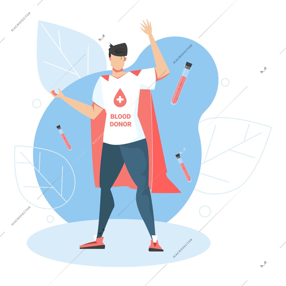 Blood donor flat composition with flying blood tubes and man in superhero suit vector illustration