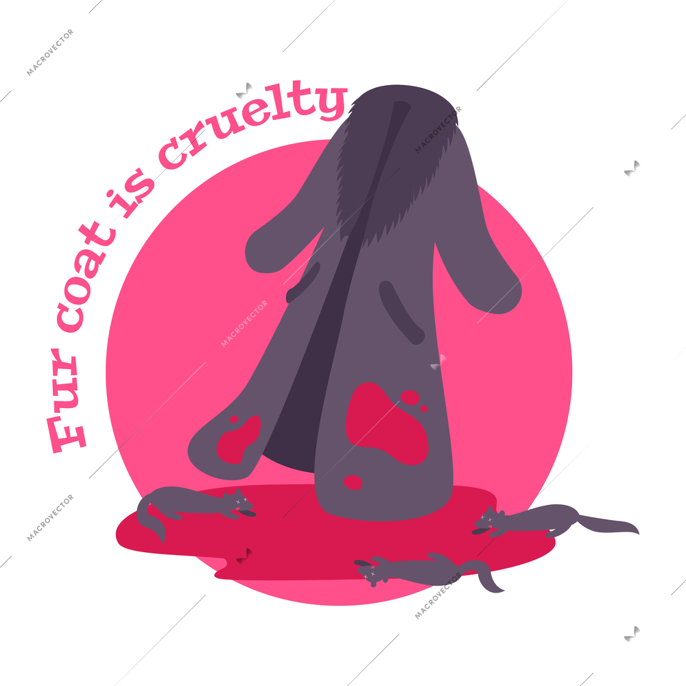 Fur coat flat composition with bloody fur coat editable text and rats vector illustration