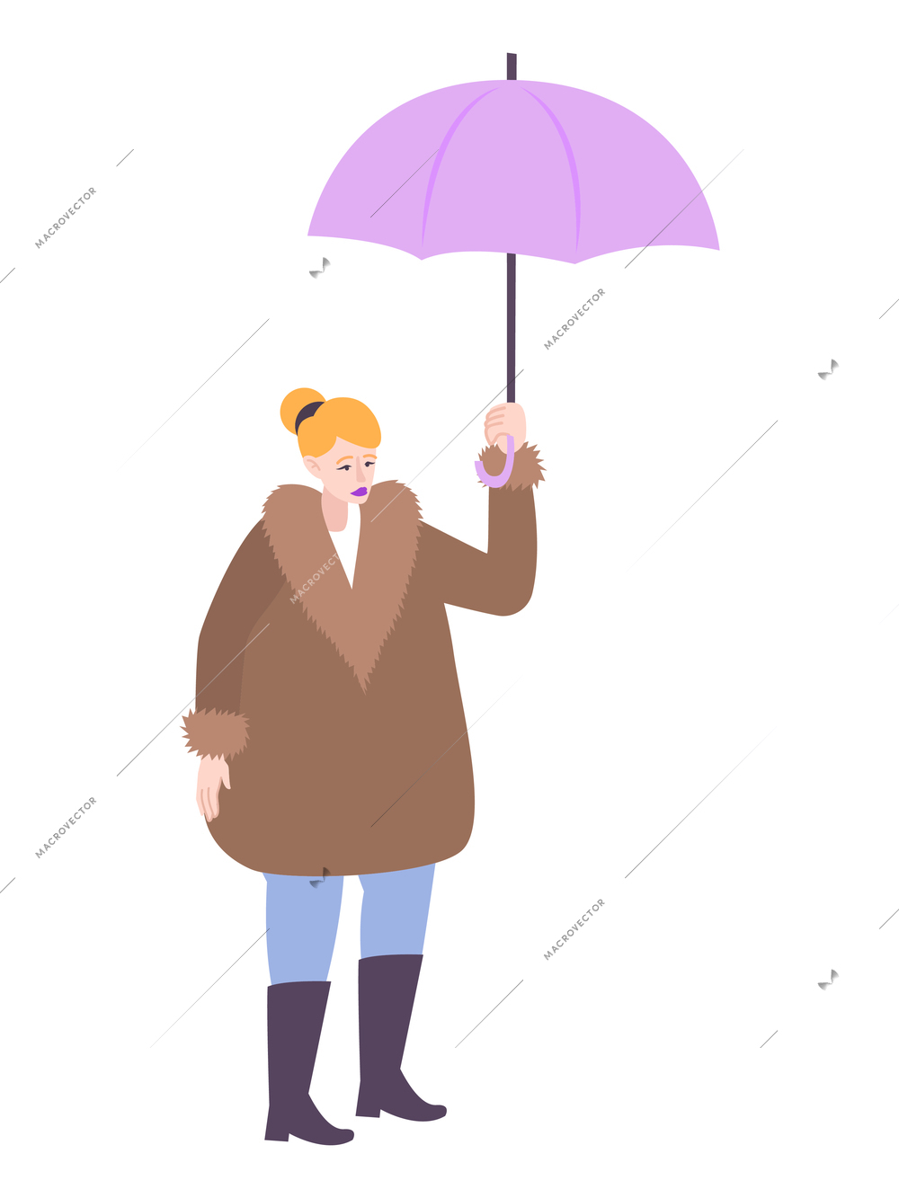 Fur coat flat composition with female character standing with umbrella in fur coat vector illustration