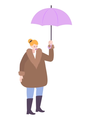 Fur coat flat composition with female character standing with umbrella in fur coat vector illustration