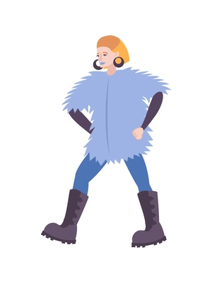 Fur coat flat composition with human character of fashionable woman wearing blue fur coat vector illustration