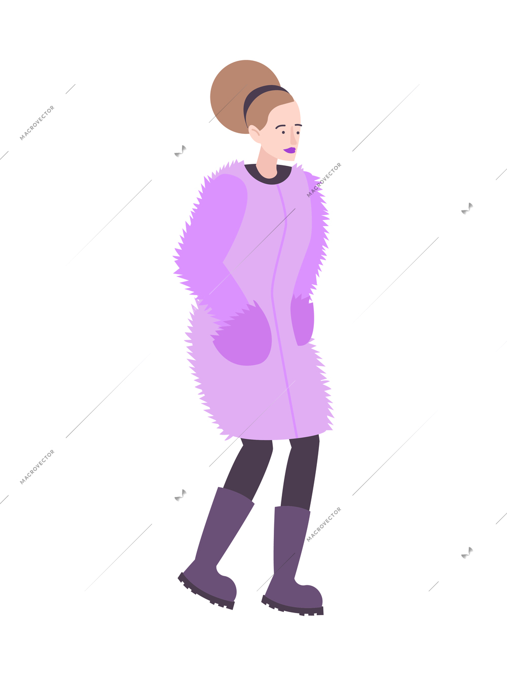 Fur coat flat composition with human character of fashionable woman with hands in pockets of purple fur coat vector illustration