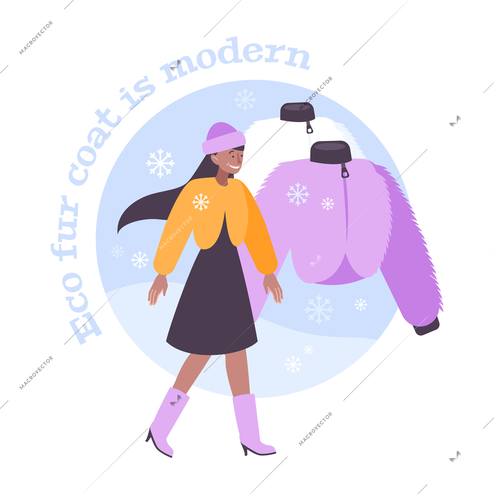 Fur coat flat composition with human character of walking woman hanging eco fur coat and editable text vector illustration