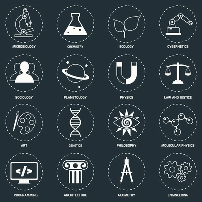 Science areas icons white set with microbiology chemistry ecology cybernetics isolated vector illustration