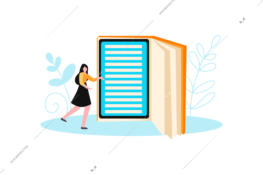 Online library composition with female character and opened book with tablet on page vector illustration