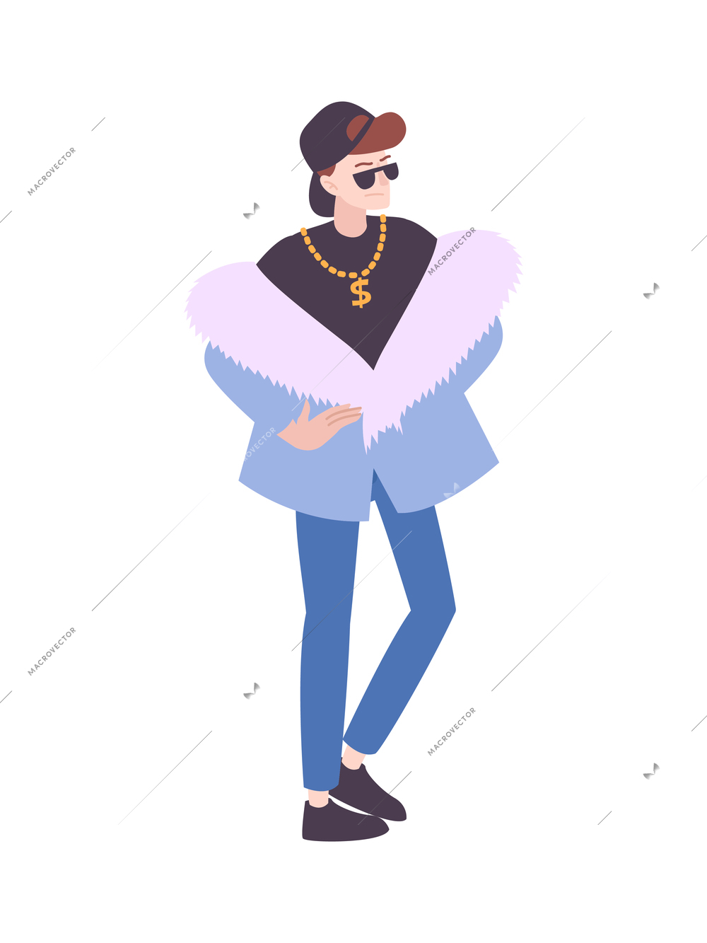 Fur coat flat composition with human character of male rapper wearing fashionable clothes and jewelry vector illustration