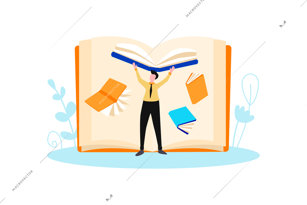 Online library composition with male human character throwing books in air vector illustration